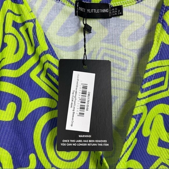 Nwt - Prettylittlething Blue Print Drawstring Front Long Sleeve Crop Top. Size:2 - Picture 6 of 13